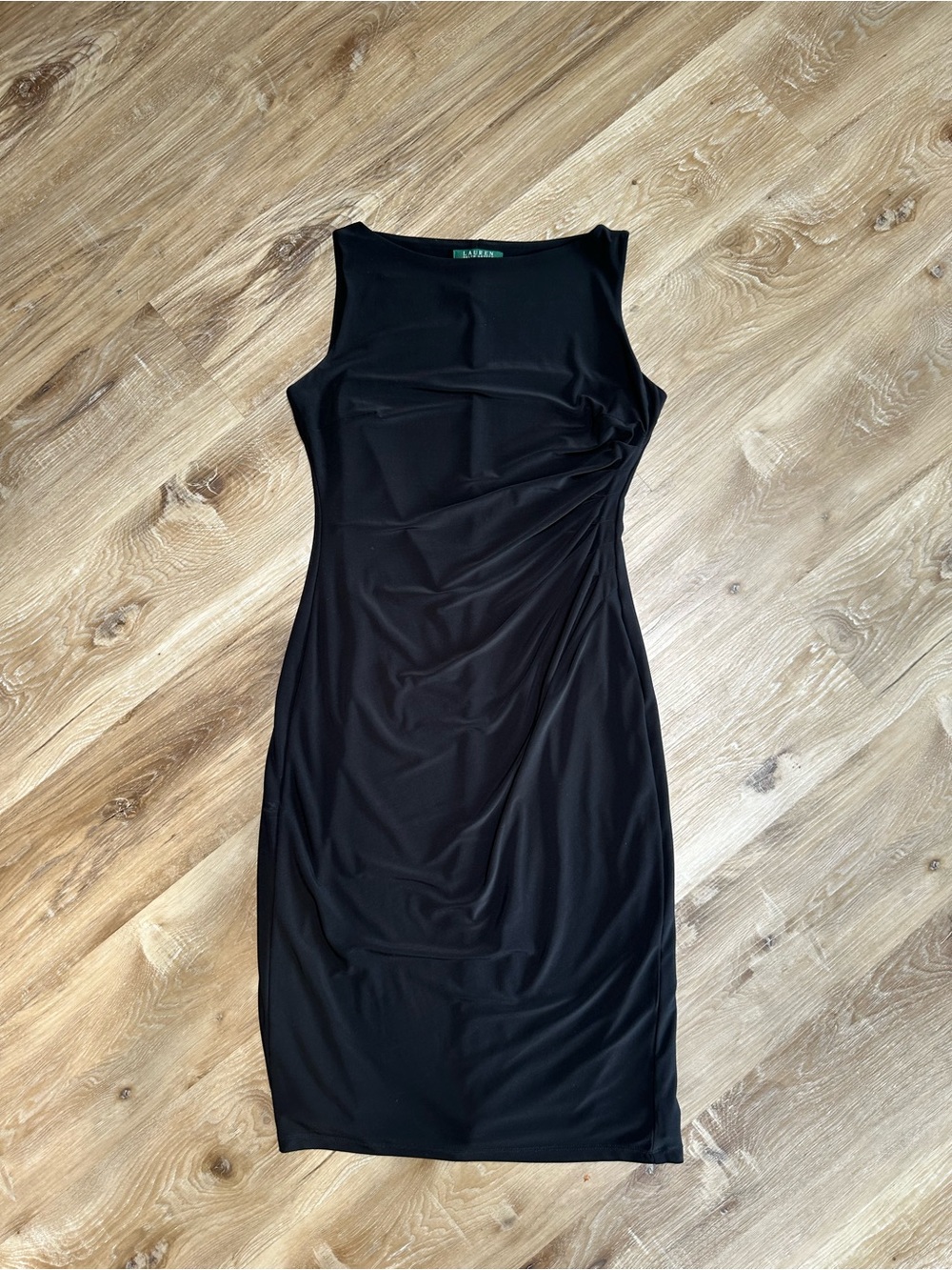 Ralph Lauren Black Sleeveless Ruched Midi Sheath Dress